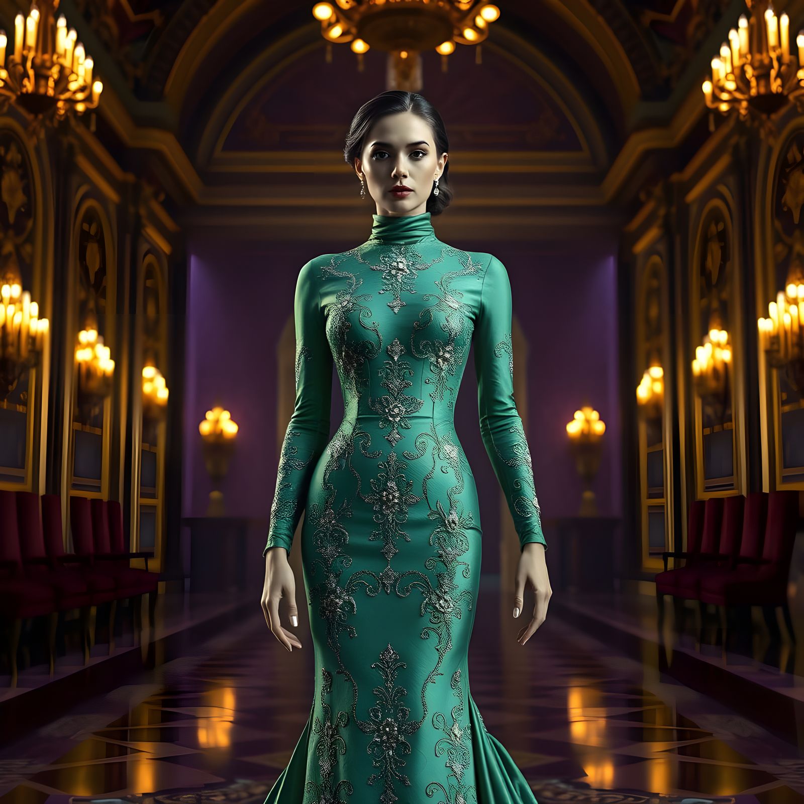 Gorgeous Woman in Green Diamond Dress