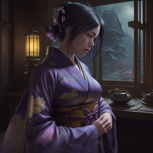 Kimono Woman Contemplation: Dark Fantasy Art
