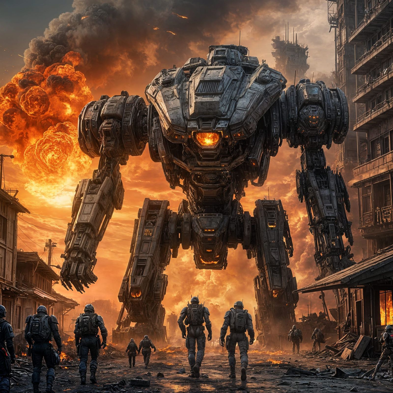 Damaged Battle Mech Emerges from Burning Town