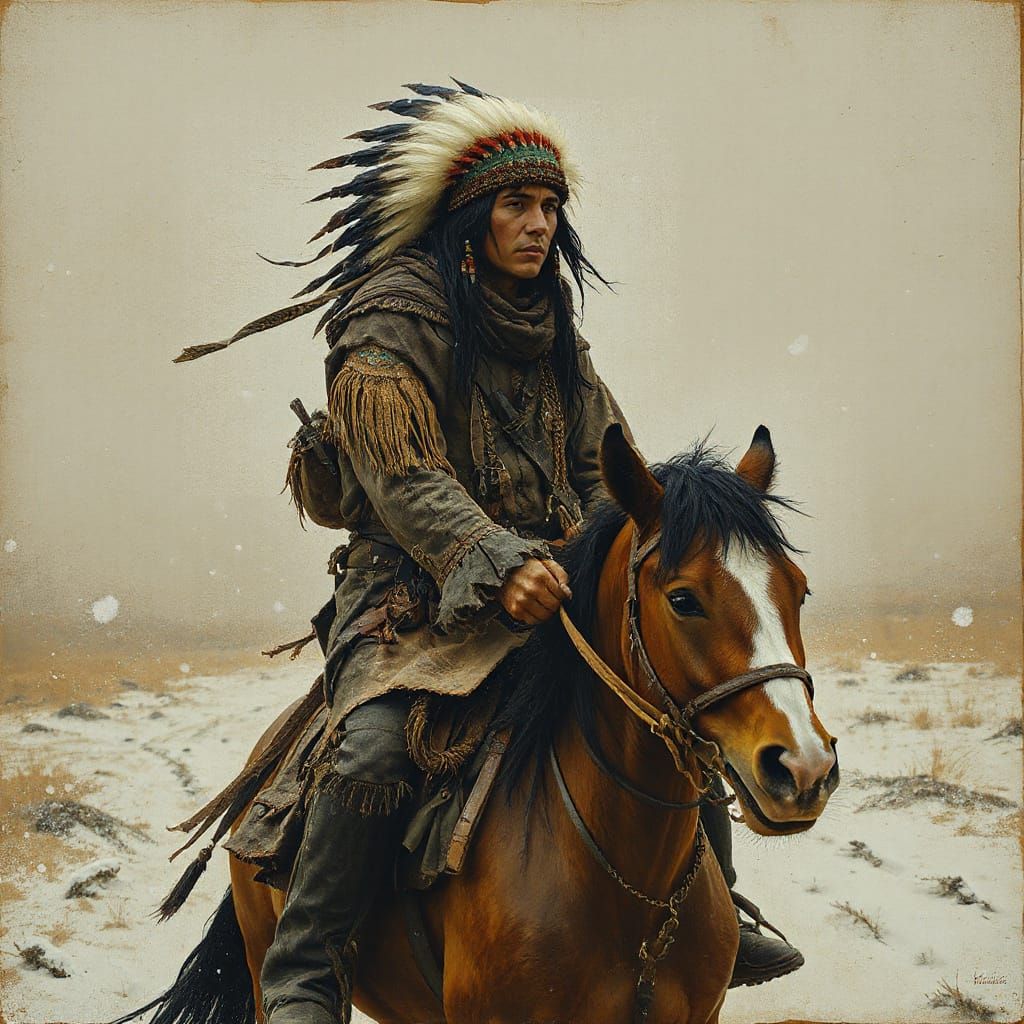 Native American Rider in Snowstorm: Mixed Media Collage