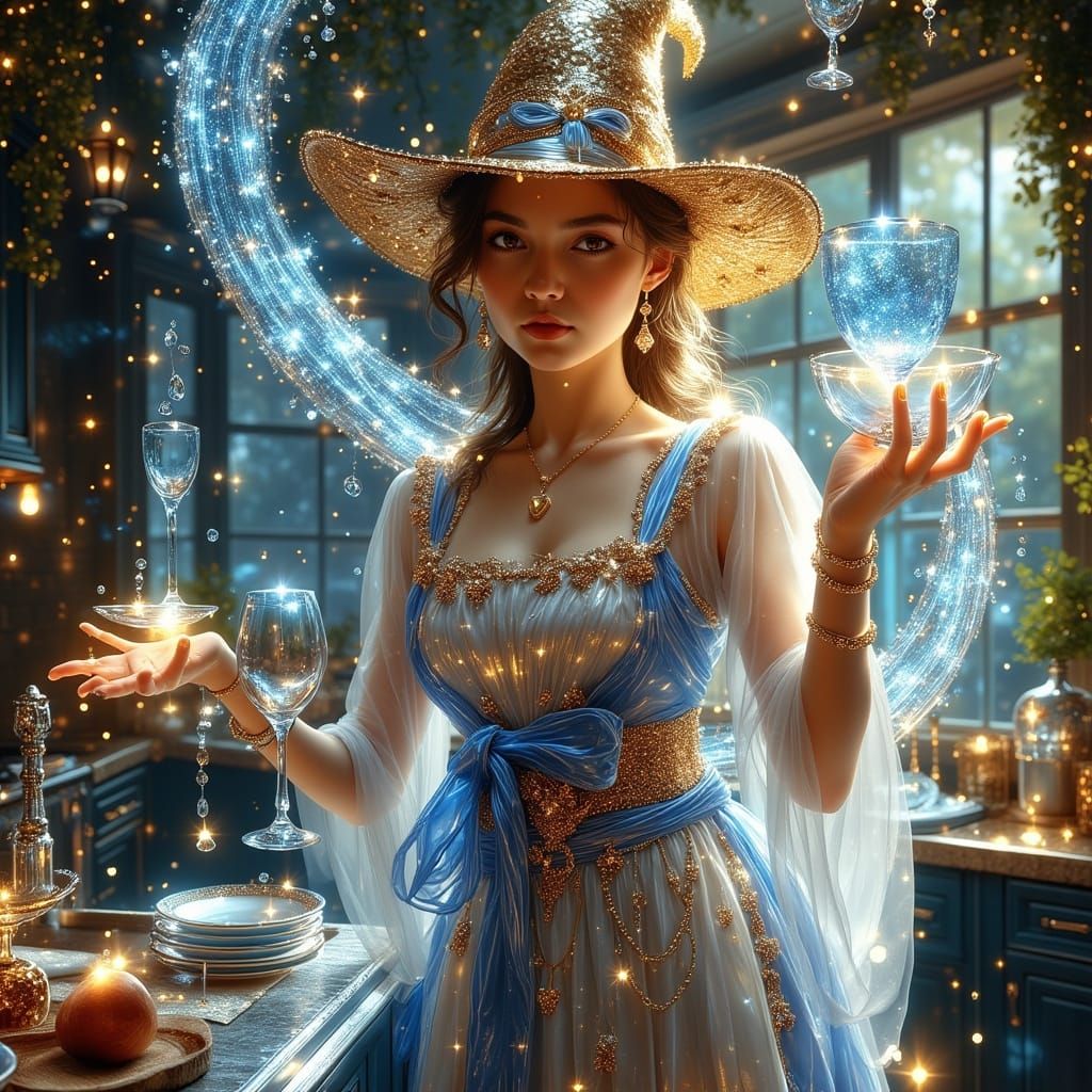Sorceress Magically Cleans Dishes in Modern Kitchen
