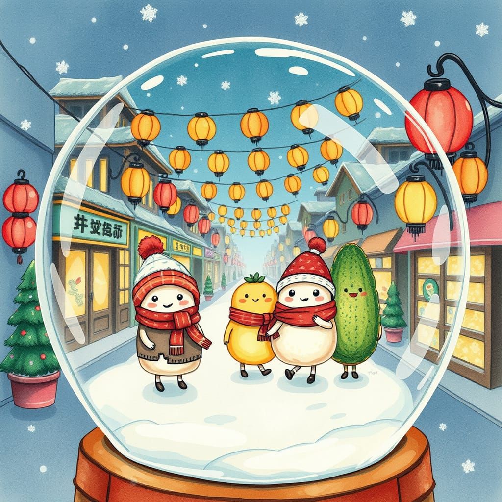 Kawaii Food Characters in Snowglobe, Anime Style