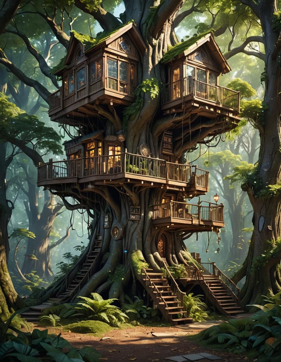 Magical Forest Library Treehouse in Hyperrealism