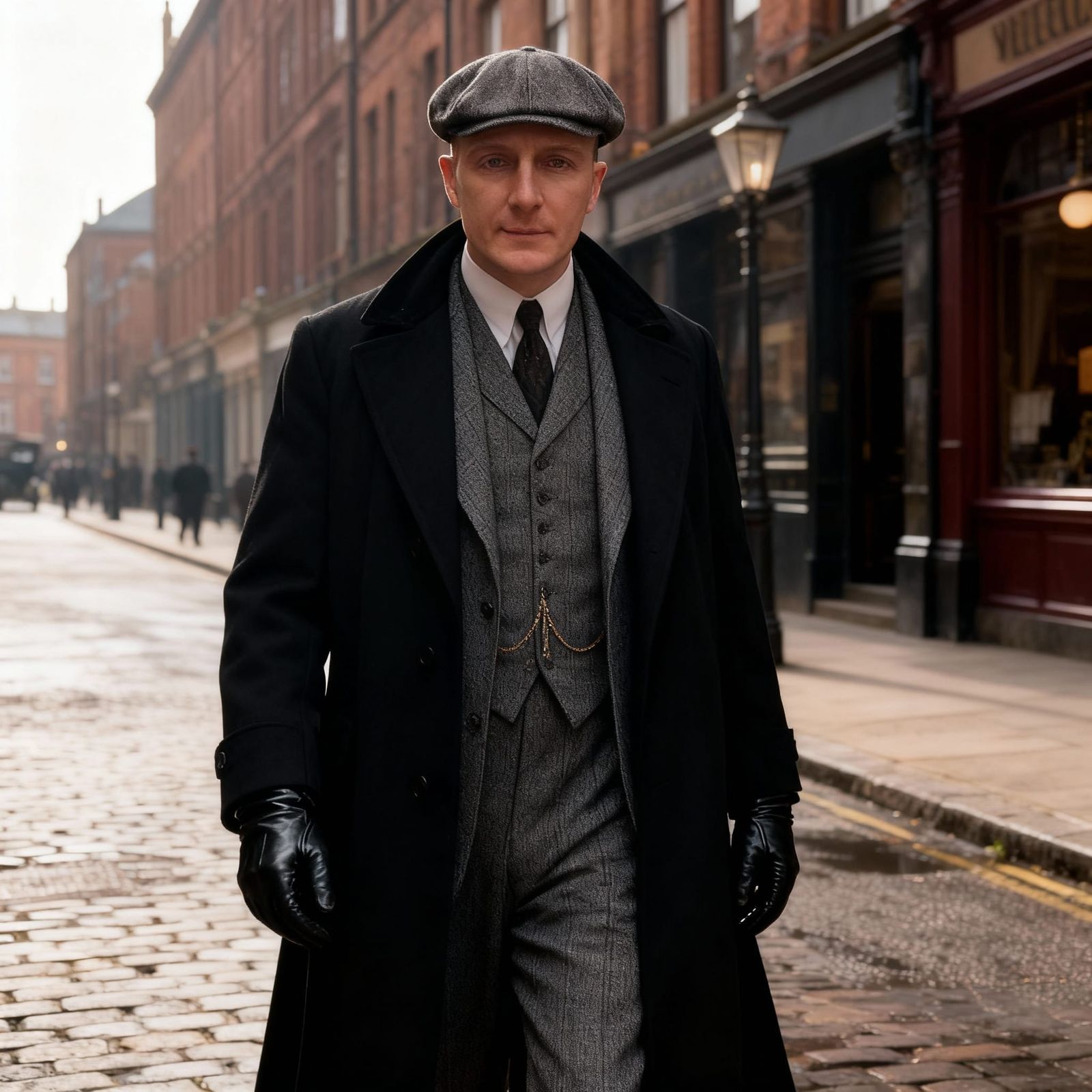 Tommy Shelby Inspired Man in 1920s Birmingham Street