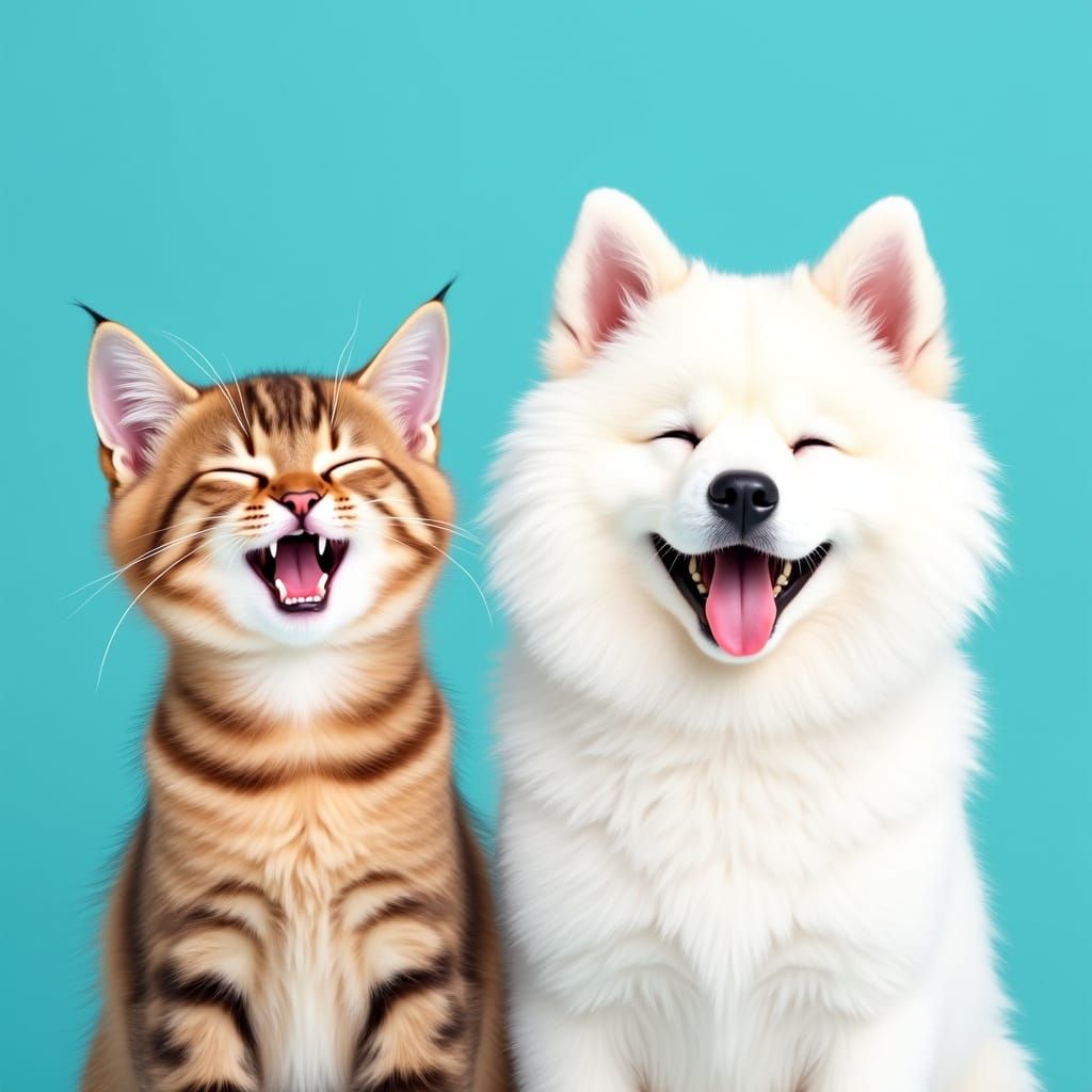 Happy Cat and Dog Portrait in Pop Surrealist Style