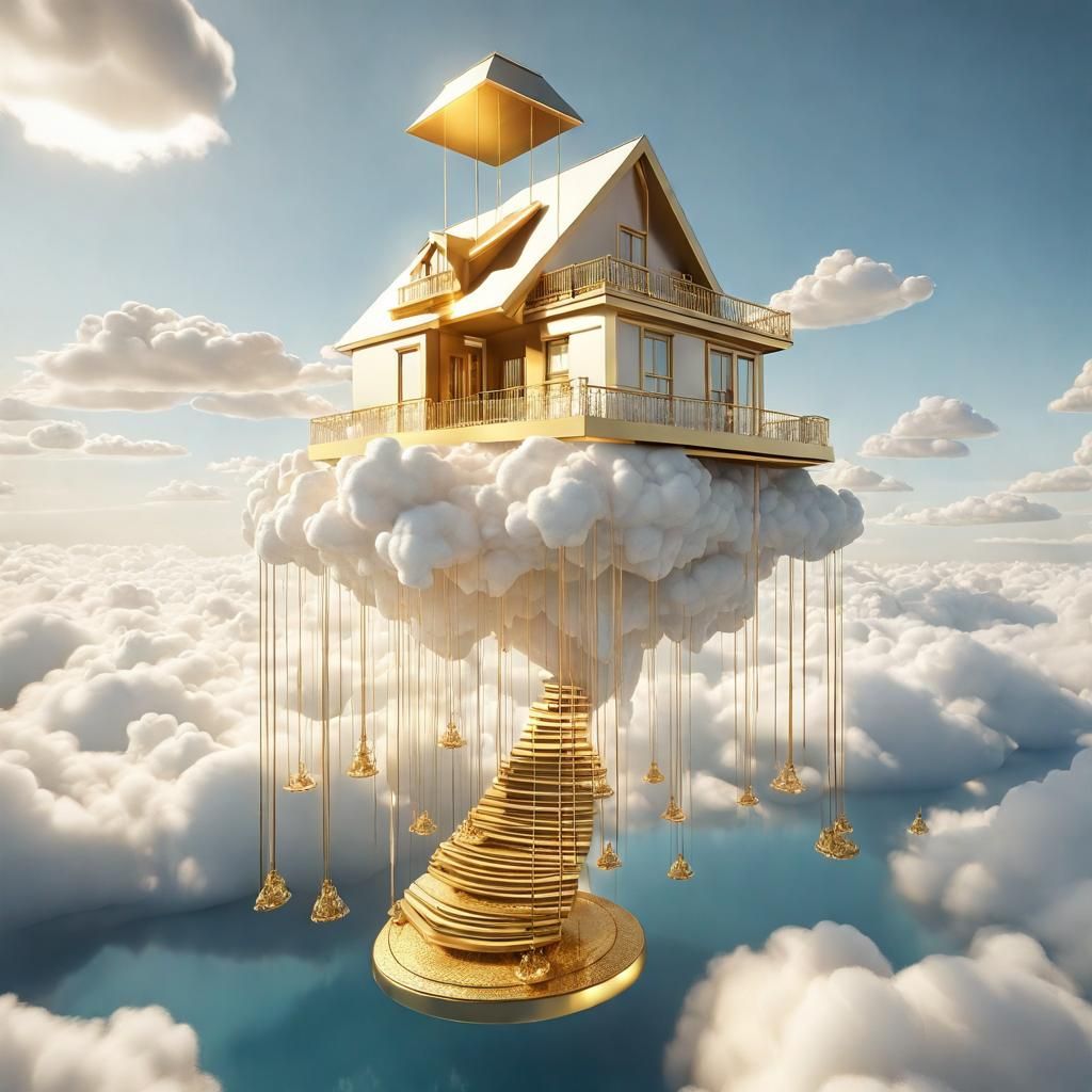 Golden Floating House Above Clouds in 3D