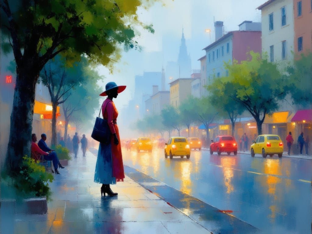 Cinematic Blue Hour City Street with Soft Pastel Washes