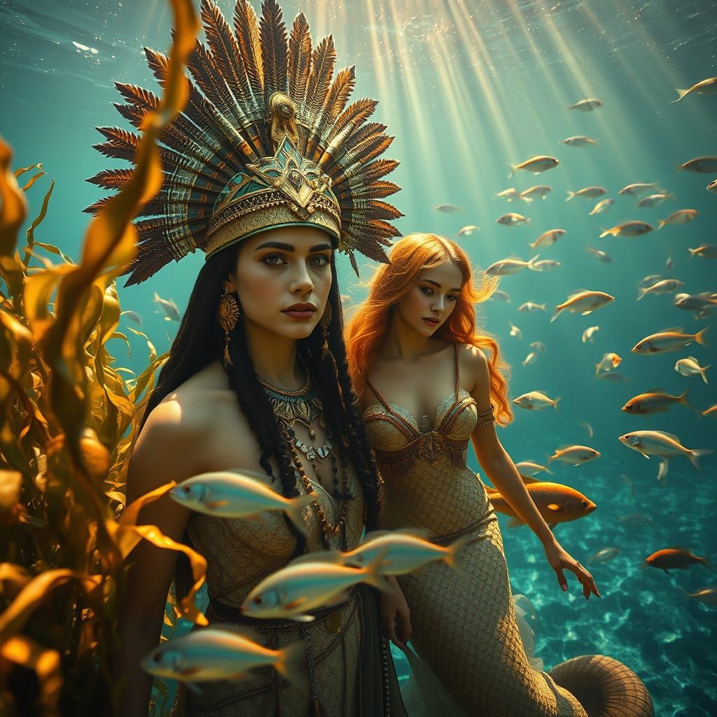 Majestic Aztec Goddess Shines Beside Mermaid in Sunlit Ocean