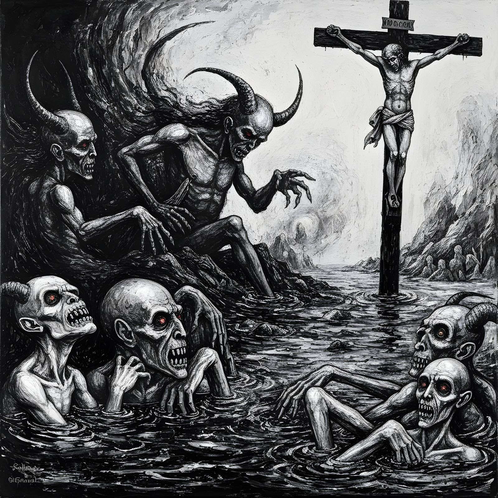 Creepy Abstract Horrors with Demons and Crucifixion in Black...