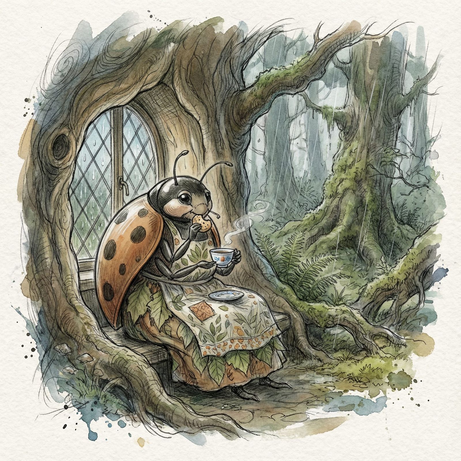 Anthropomorphic Ladybug Enjoys Tea in Fantasy Sketch