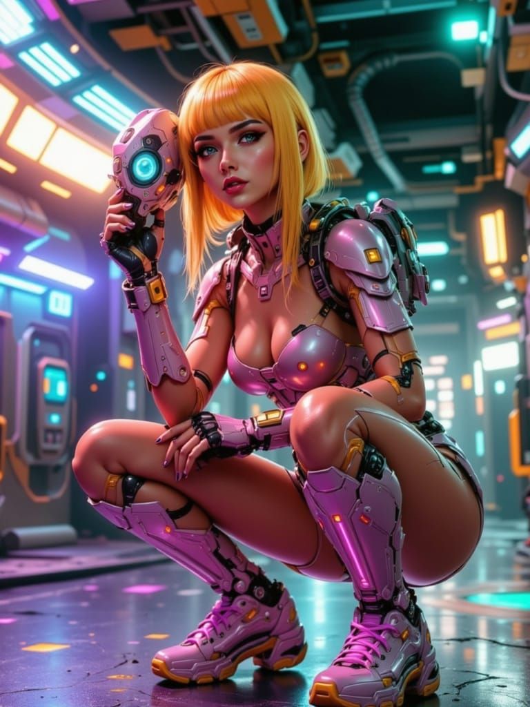 Cybernetic Woman in Gleaming Corridor, Futuristic Armor