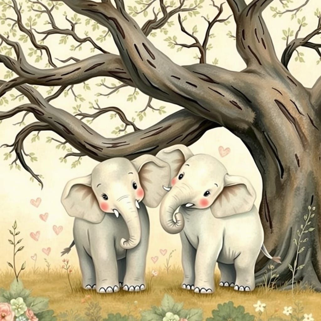 Whimsical Elephants Under a Tree, Beatrix Potter Style