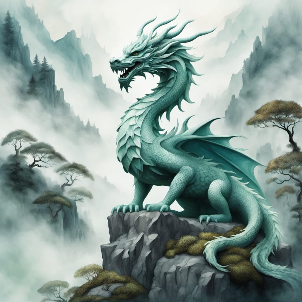 Whimsical Jade Dragon in Misty Mountain Landscape