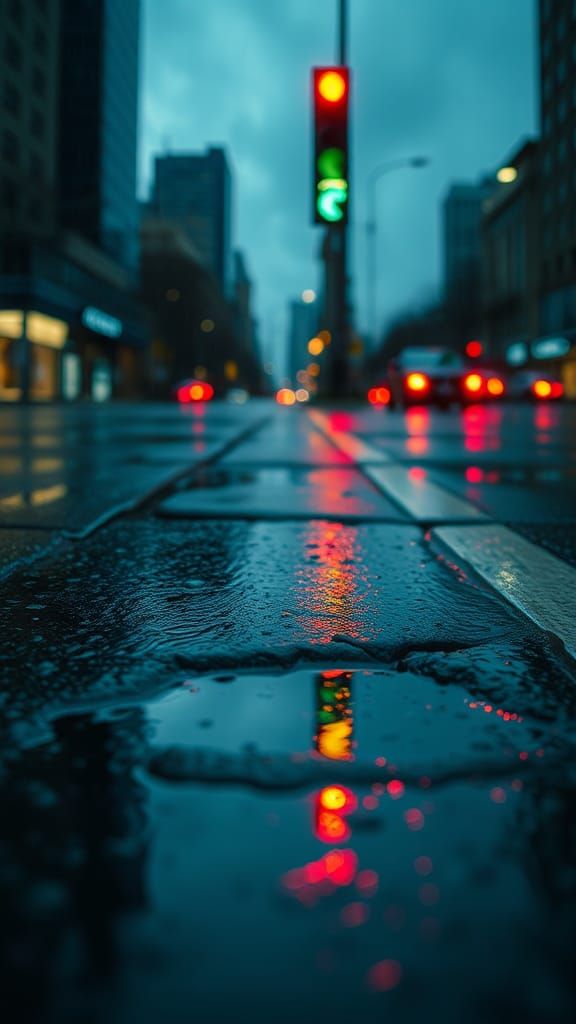 Rainy Cityscape Reflection in Photorealistic Style