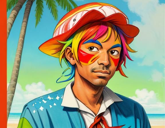 Comical Fool with Fish Hat in Colored Pencil