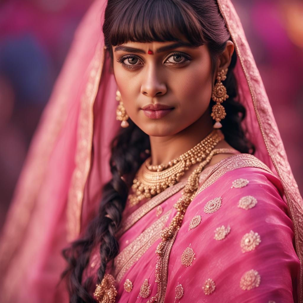 Úrsula Corberó in Pink Saree: Hyperrealistic Portrait