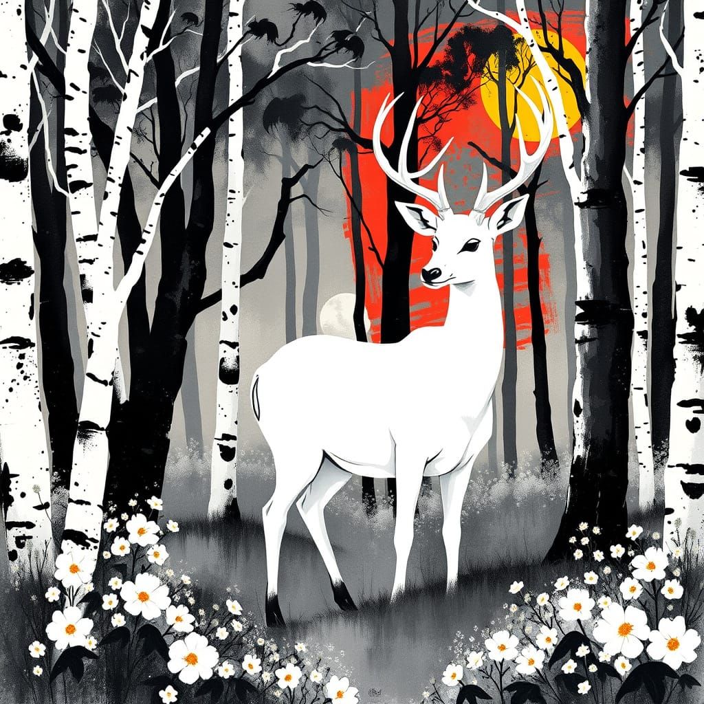 Majestic White Deer in Vibrant Woodland Scene