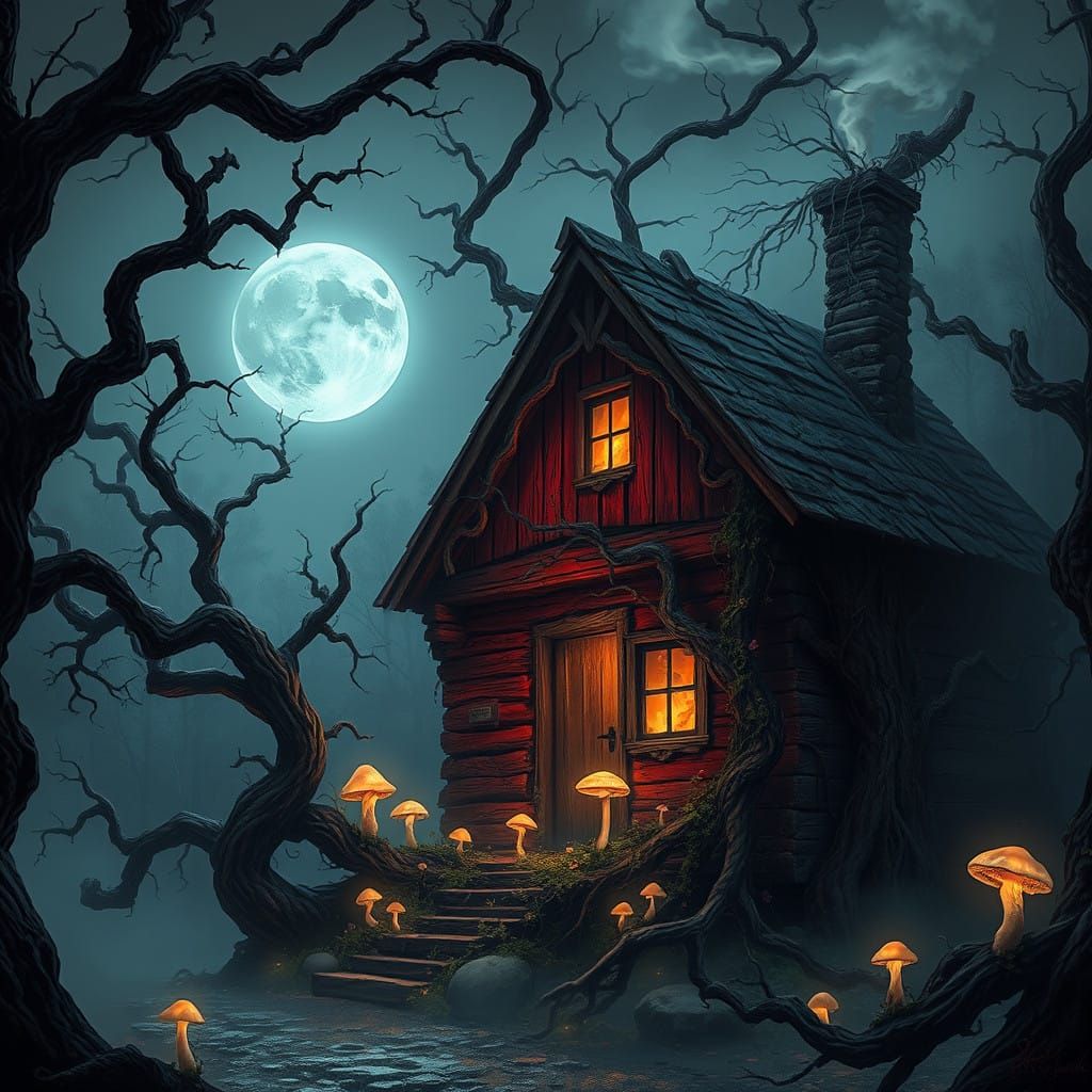 Ancient Red Cabin Shrouded in Mystical Fog