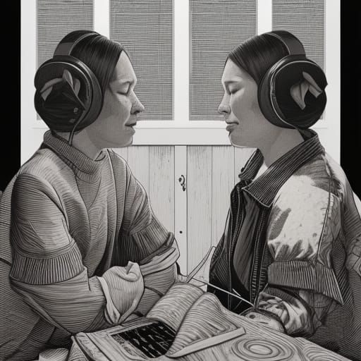 Quilters in Lofty Shack: Black and White Linocut