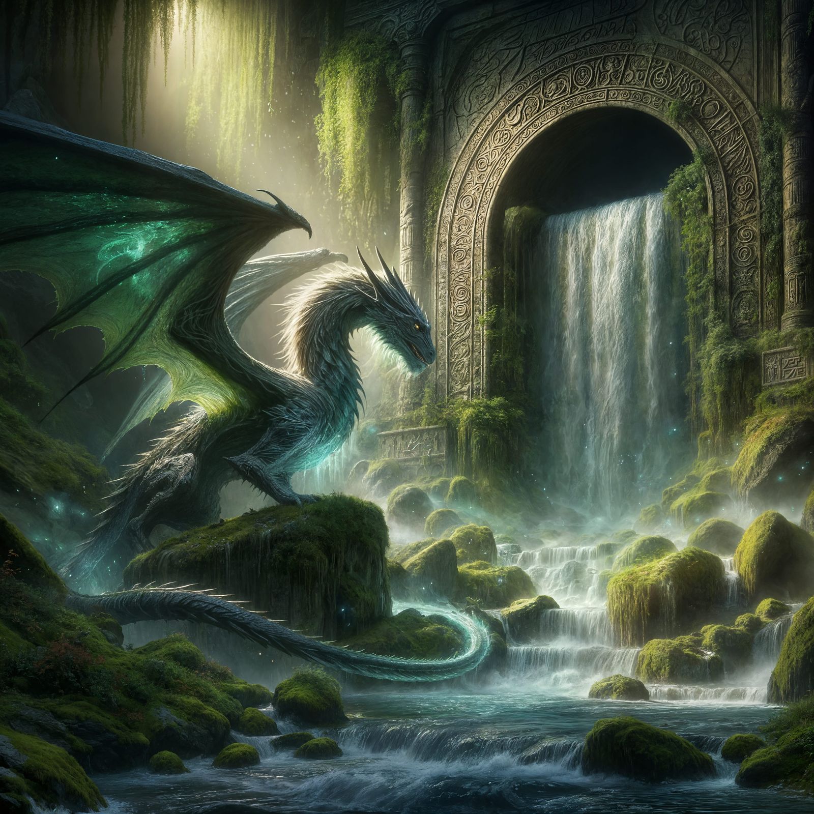 Iridescent Dragon Guards Mystical Waterfall in Ruin