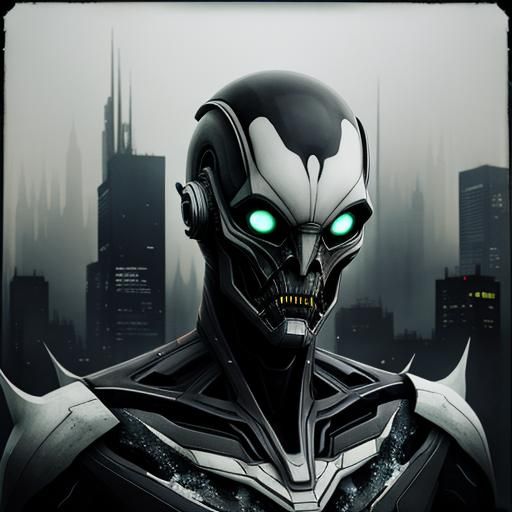 Alien Double Exposure in Dystopian Cityscape