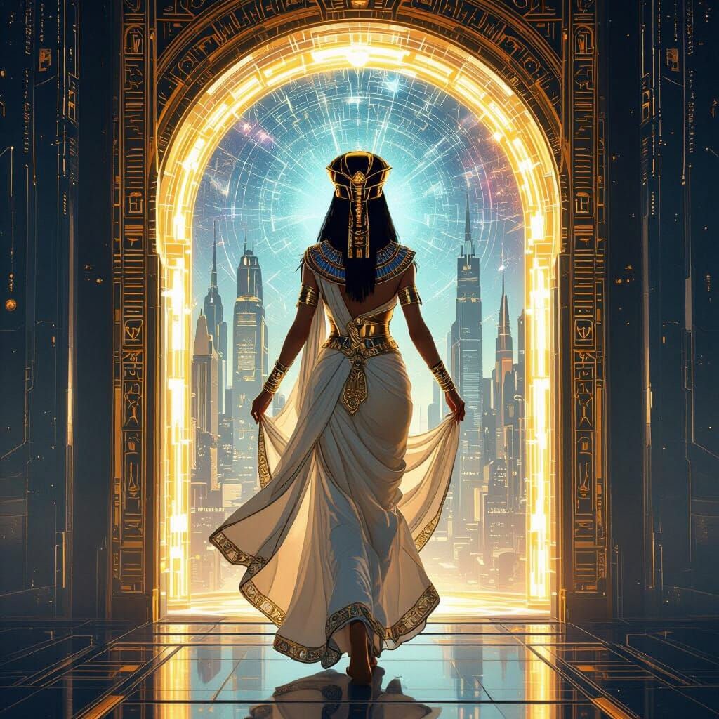 Egyptian Queen Enters Futuristic City in Art Nouveau Style