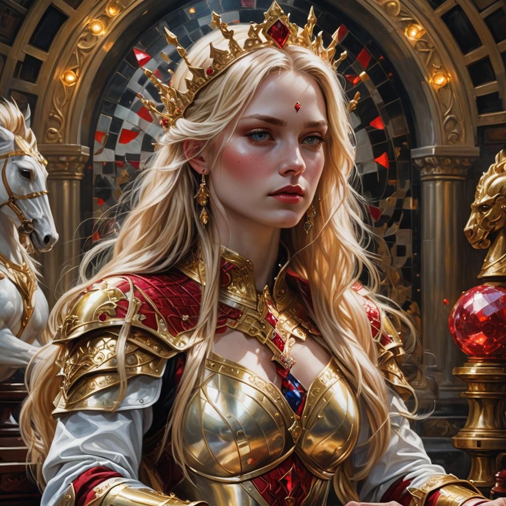 Goddess in Armor Playing Chess: Hyperrealist Fantasy Art