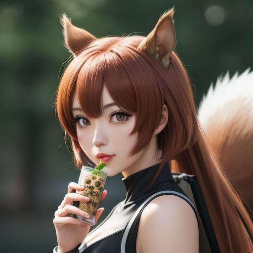 Anime Squirrel Girl Eating Nuts, Color Portrait