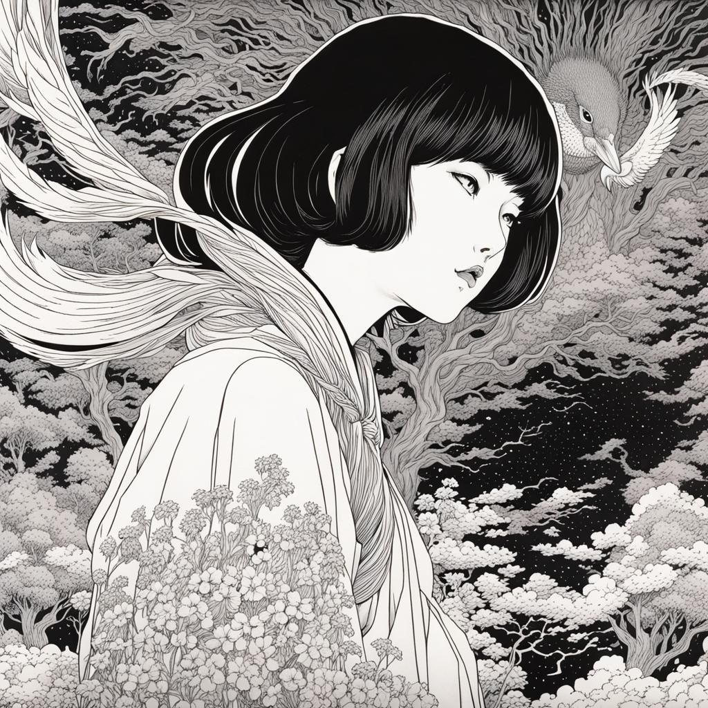 Lamenting Black Phoenix in Horror Manga Style