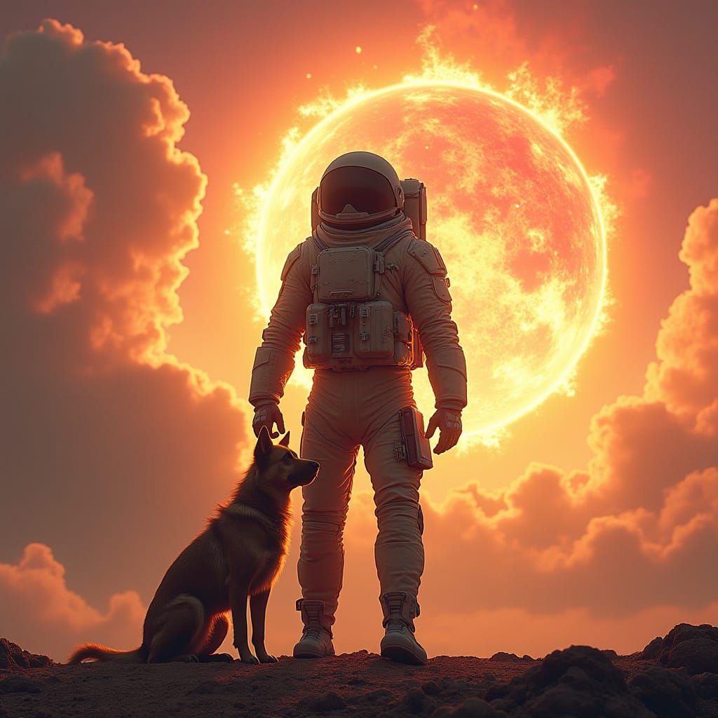 Heroic Astronaut and Loyal Dog in Supernova Space