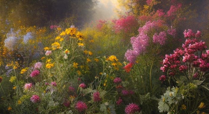 Wildflower and Leaf Whirlwind in Textured Oil Paint
