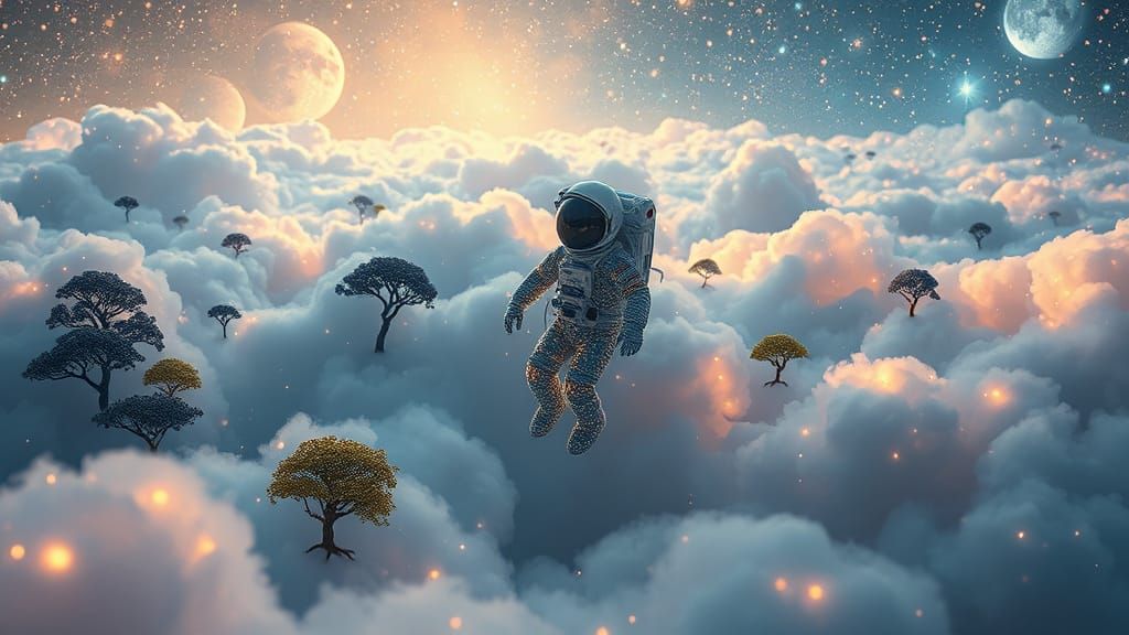 Ethereal Astronaut in Yayoi Kusama-Inspired Clouds