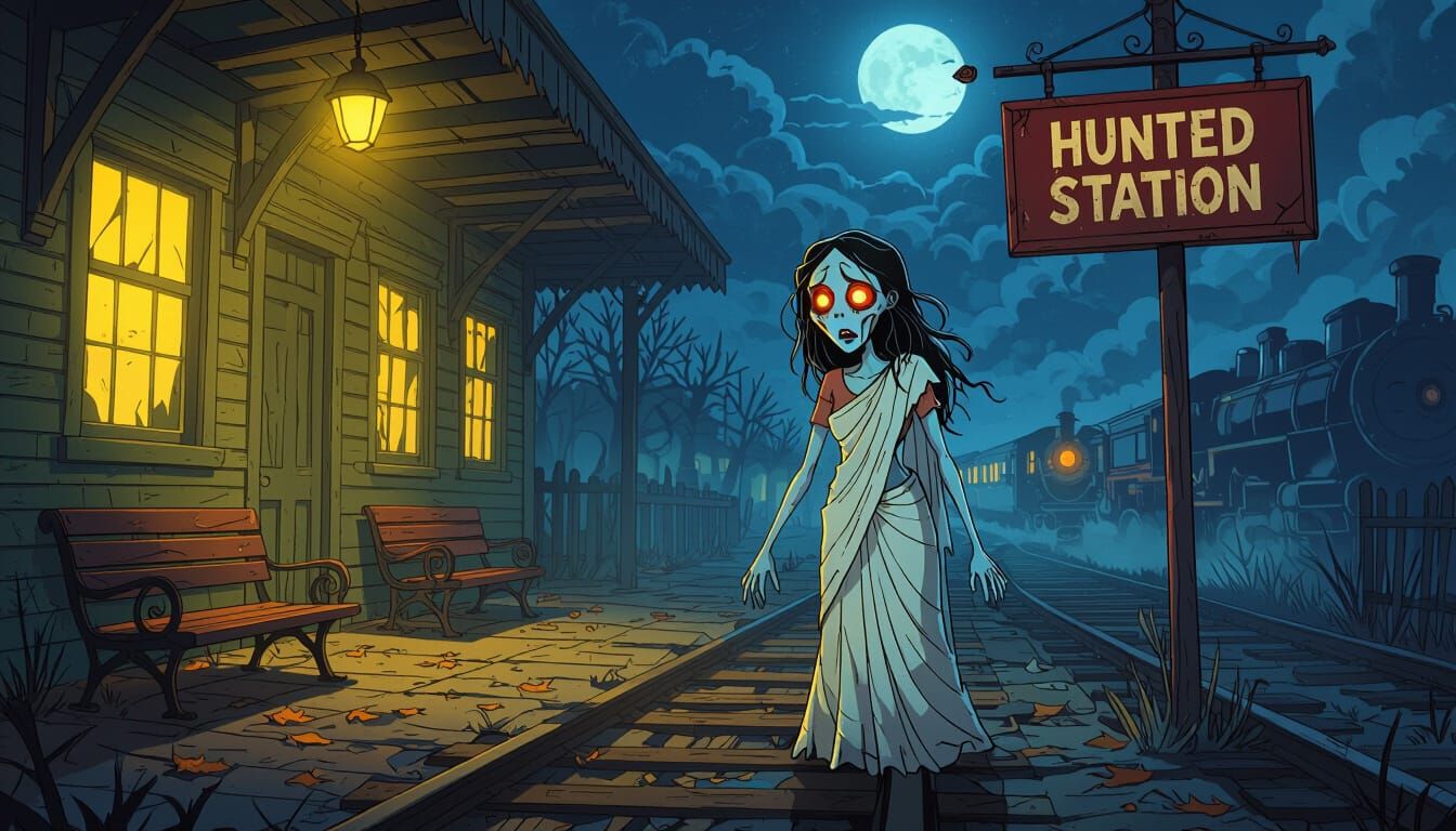 Spooky Abandoned Station with Ghost in Cartoon Style