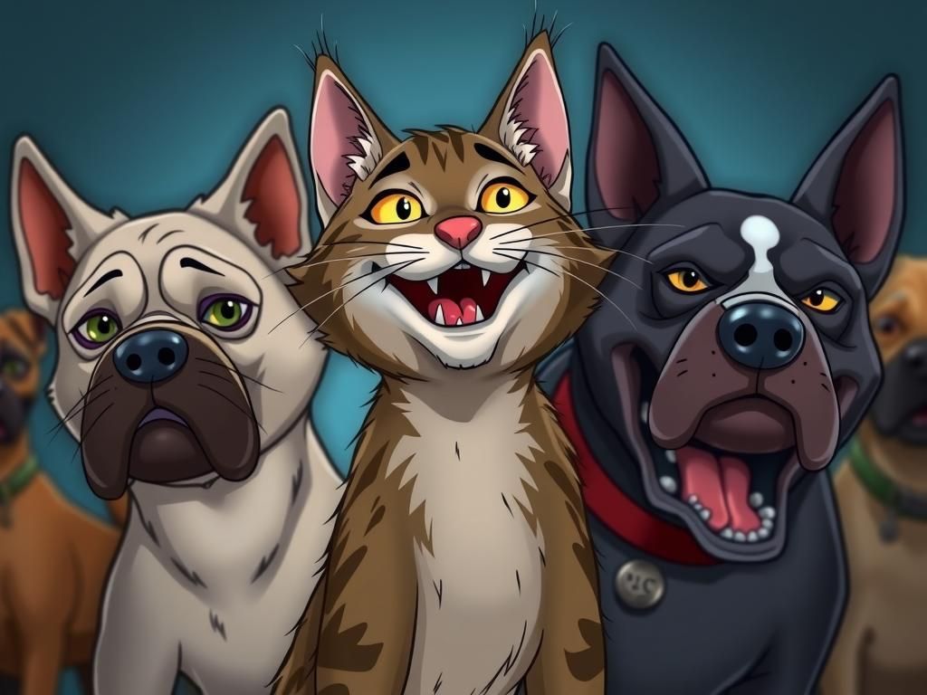 Furry Cartoon Cat Playfully Photobombs Grim Dogs