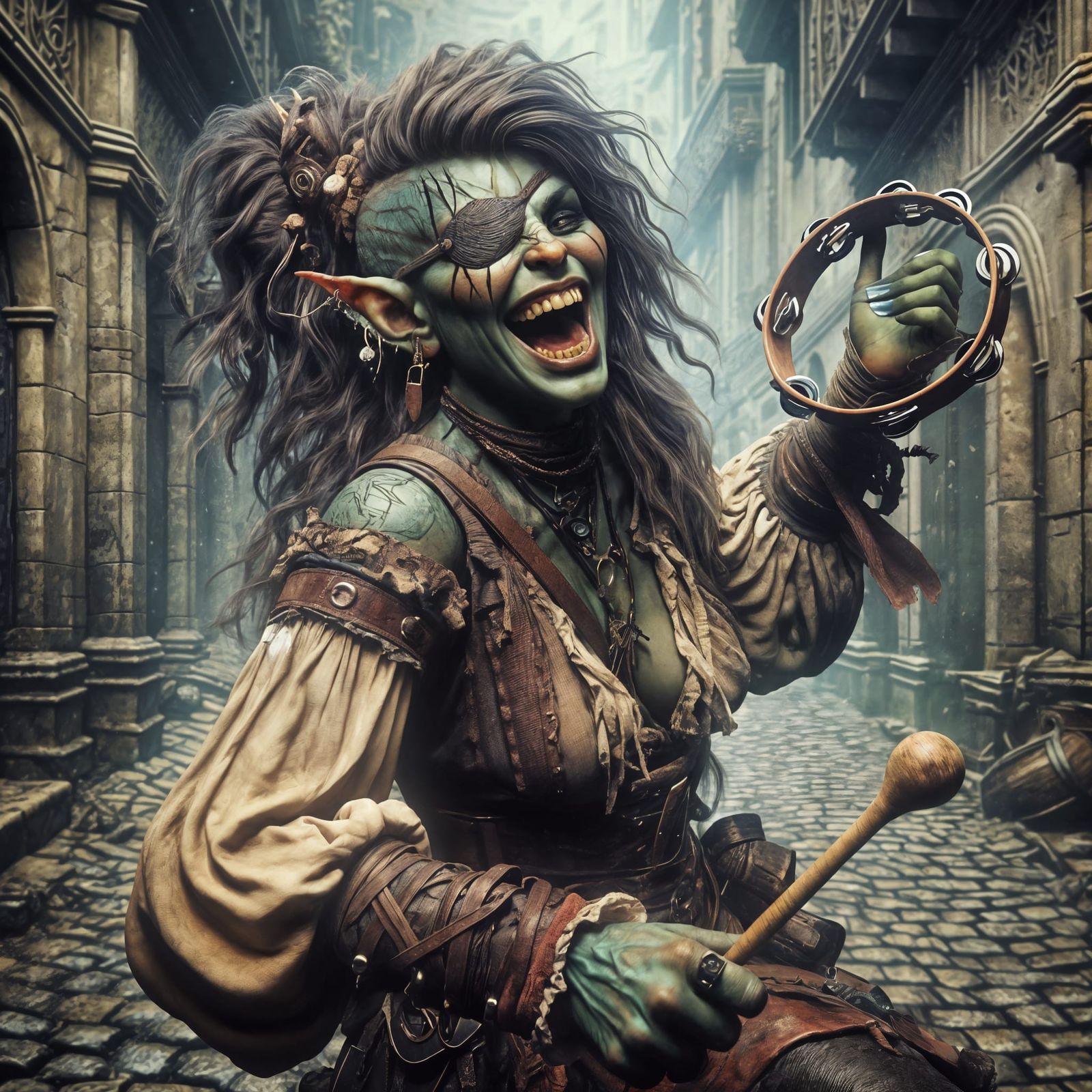 Joyful Orc Bard Plays in Waterdeep-like City