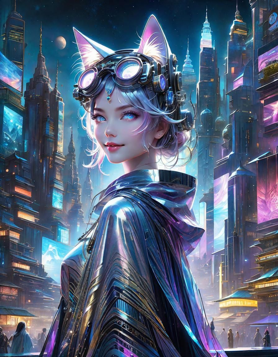 Smiling Cybernetic Woman in Futuristic City