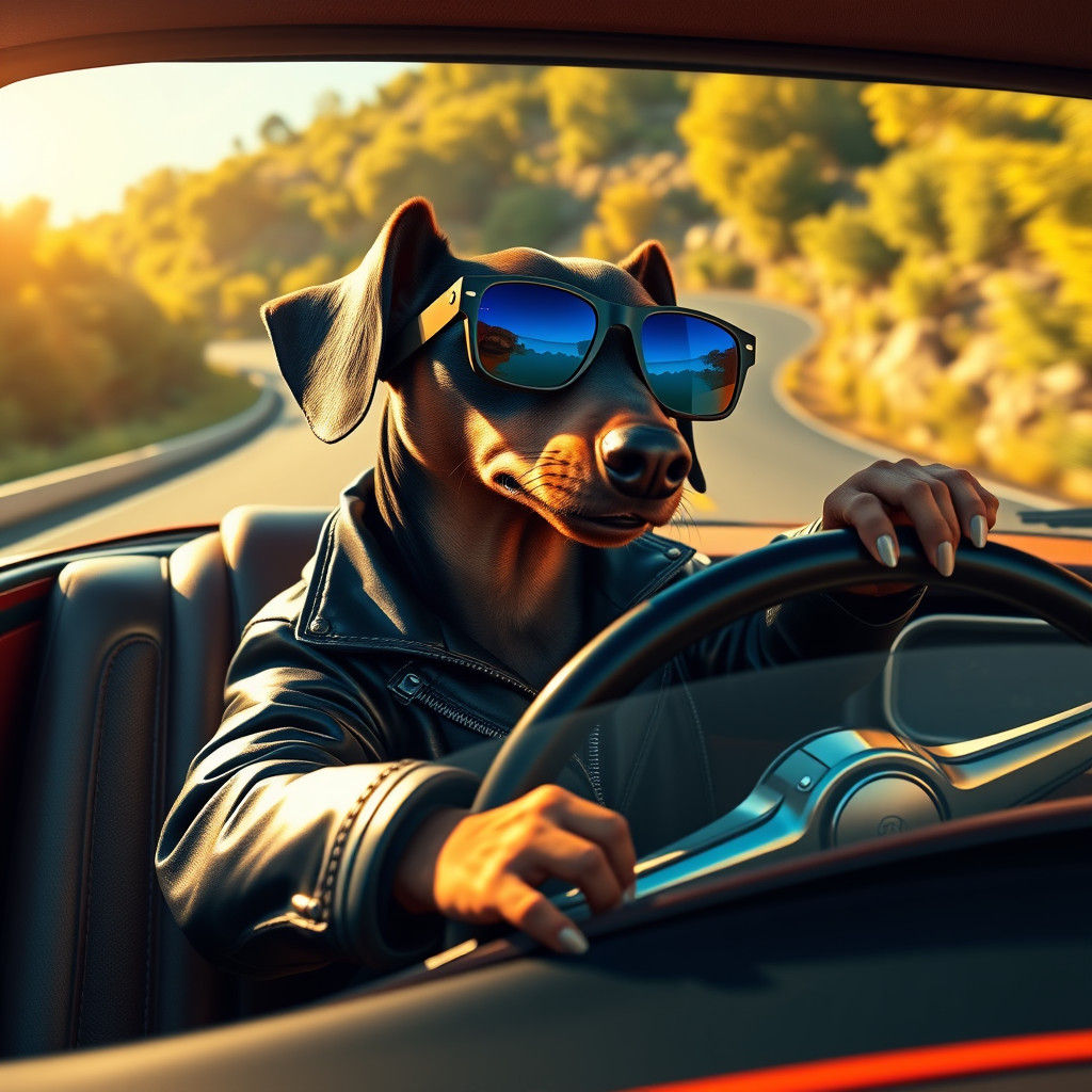 Dachshund Drives Muscle Car in Retro-Futuristic Style