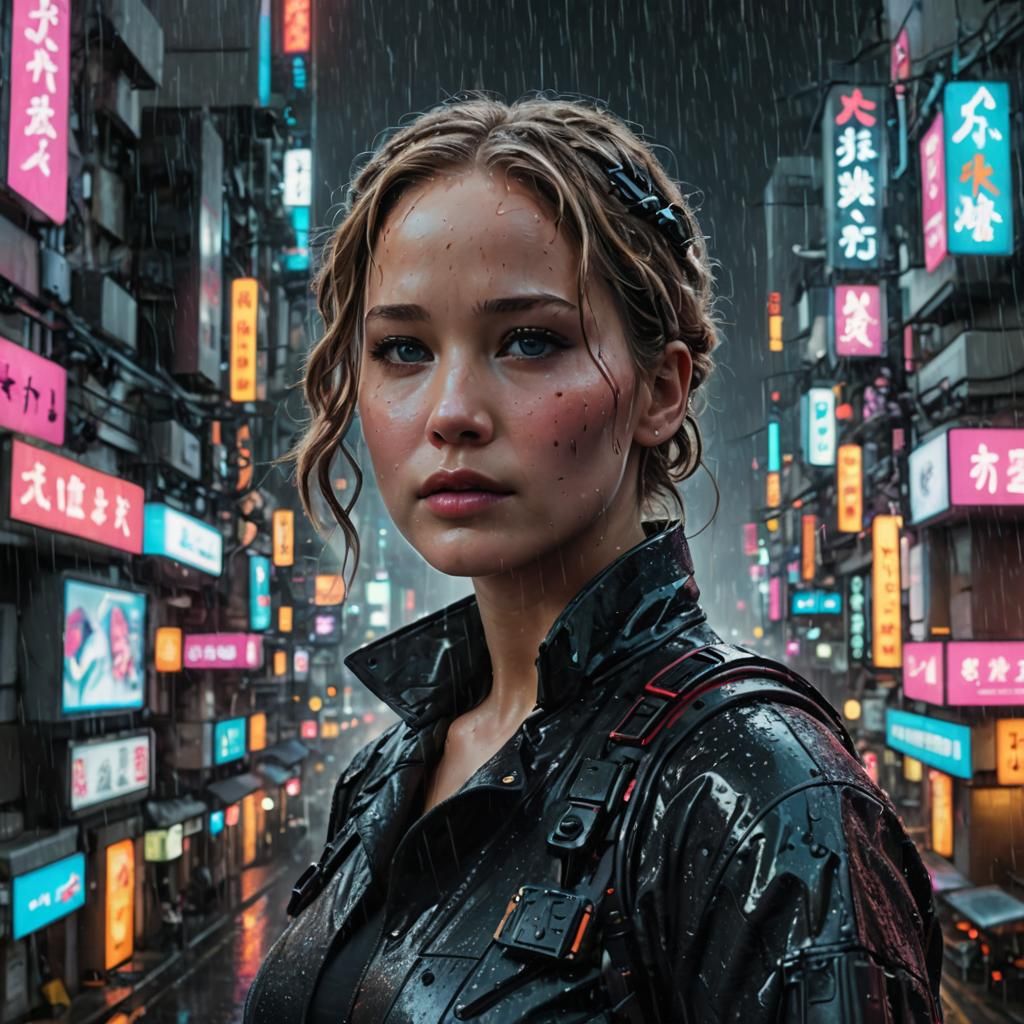 cinematic photo portrait of Jennifer Lawrence, cyberpunk, in heavy raining futuristic tokyo, rooftop, cyberpunk night, s...
