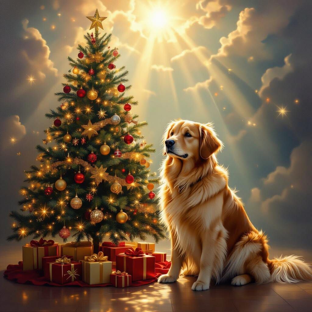Golden Retriever Christmas Tree in Ethereal Oil Painting Sty...