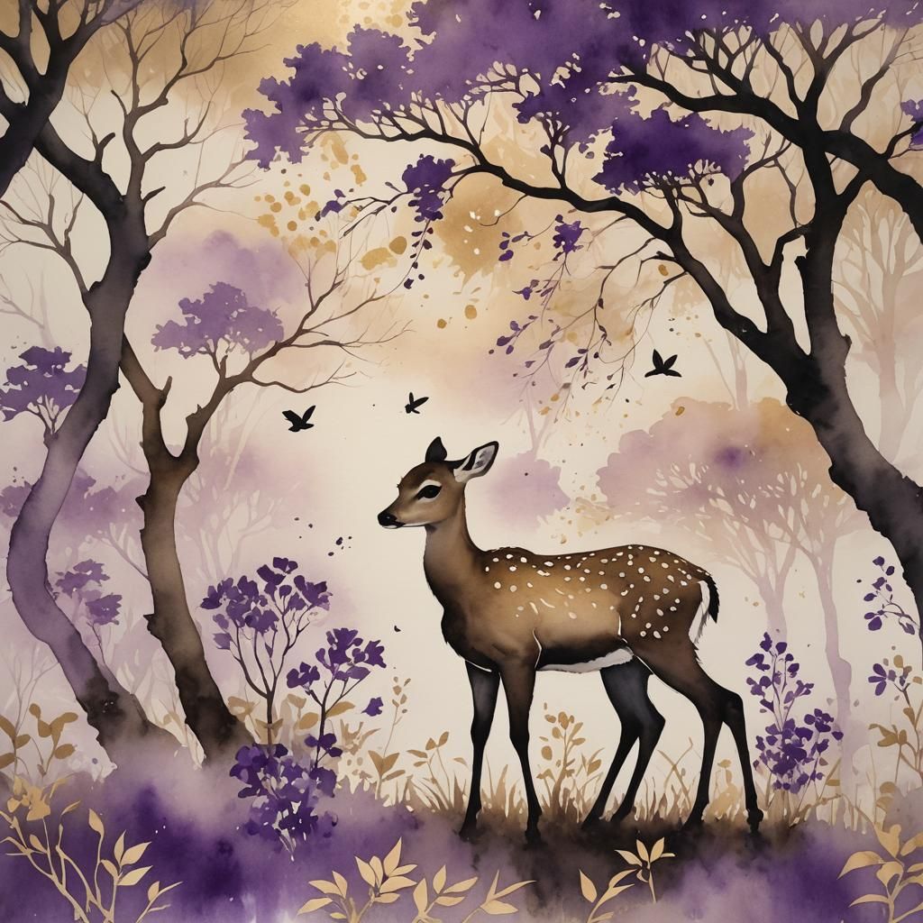 Dreamy Deer Silhouette in Japanese Woodblock Style