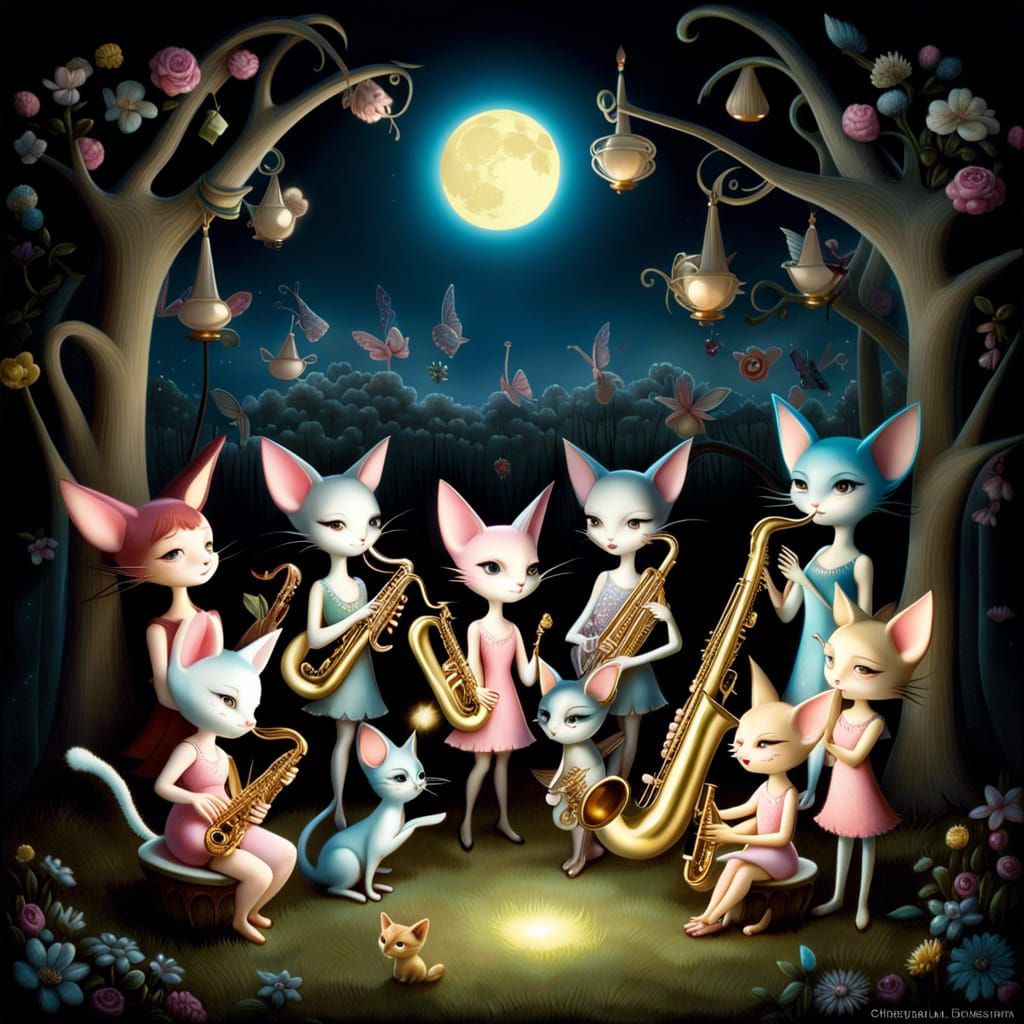 Fairies and Cats Play Saxophone in Moonlight