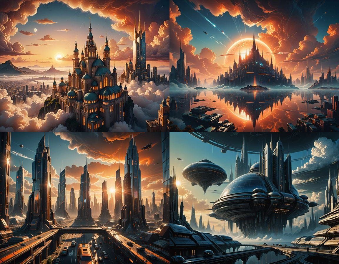 Floating Futuristic Metropolis Awakens with Morning Sun