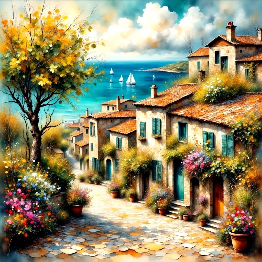 Ancient Coastal Village in Impasto Grunge Style