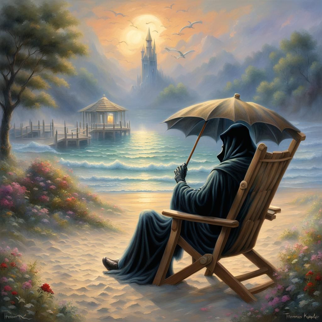 Grim Reaper's Beach Vacation in Ethereal Fantasy Style