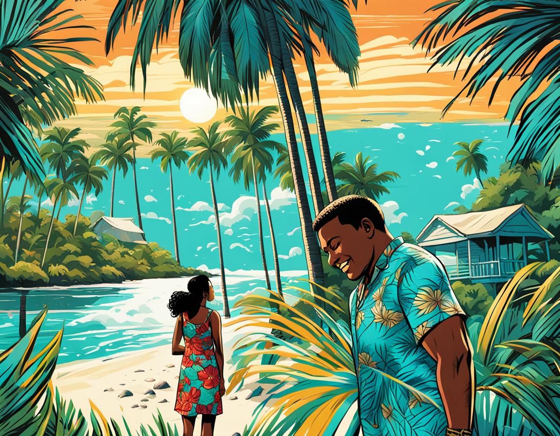 Colorful Tropical Paradise in Vibrant Comic Book Style