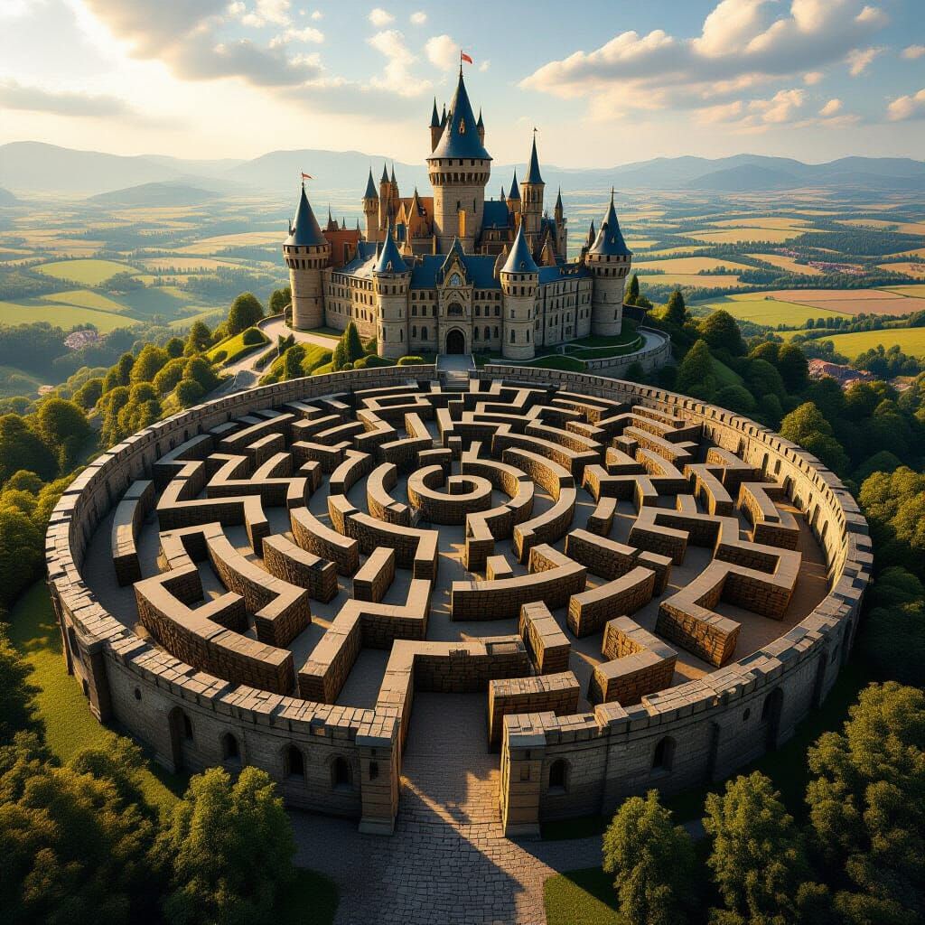 Gigantic Maze Labyrinth Around Castle, Aerial View