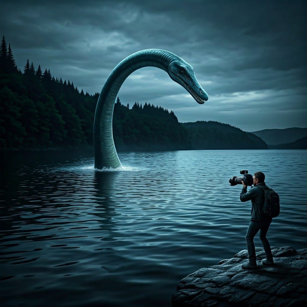 Loch Ness Monster Emerges at Night: Photographic Realism