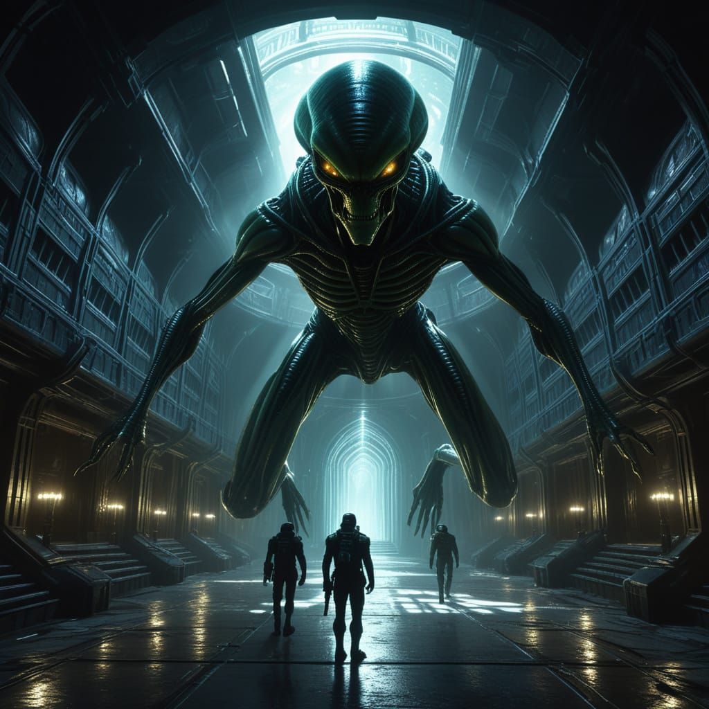 Alien Leads Human to Leader in Cavernous Hall Airbrush Art