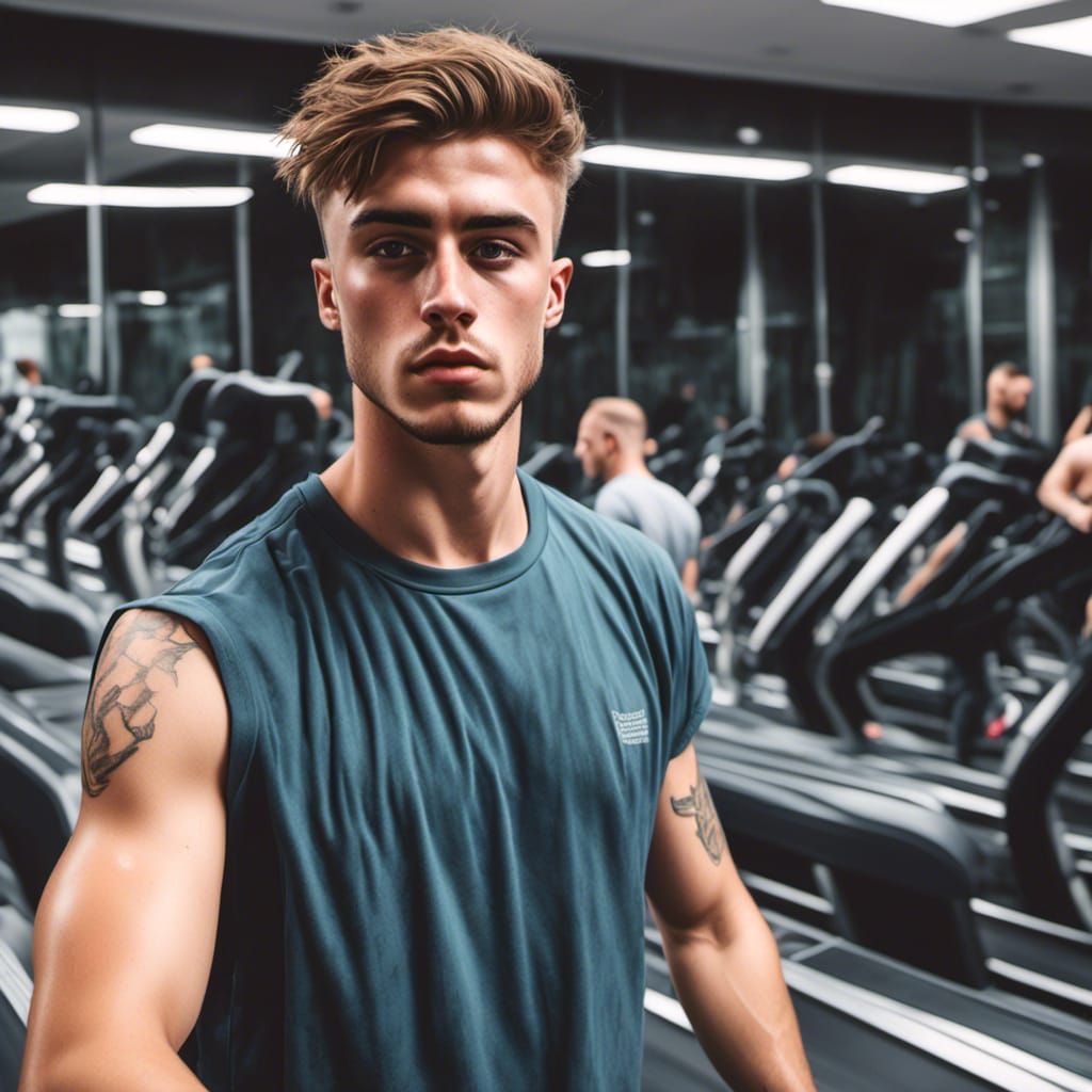 British Lad Sweating on Treadmill: Hyperrealistic Portrait