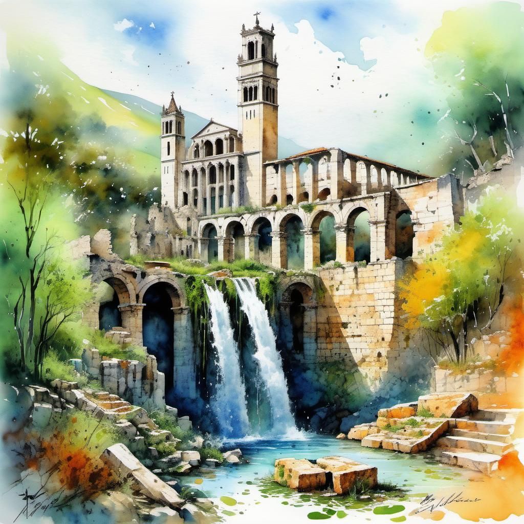 Basilique de Fourviere Ruins: Watercolor Painting